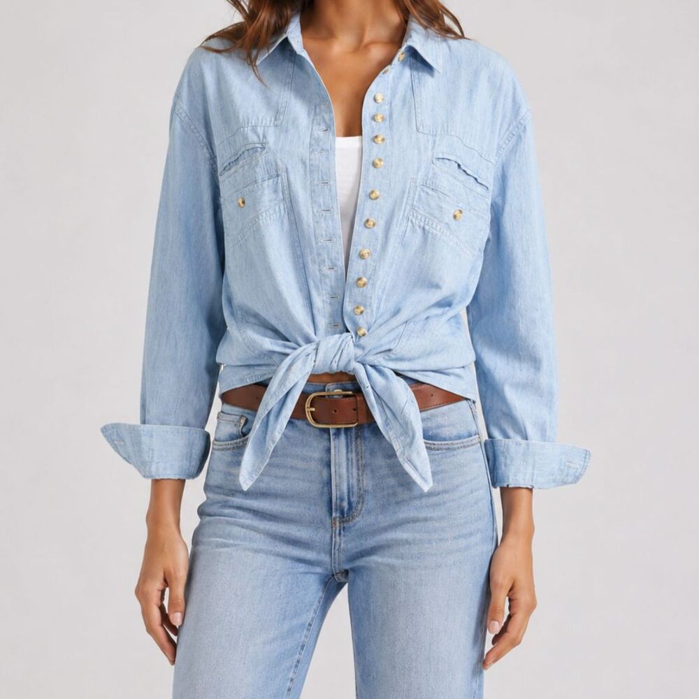 Light Blue Cotton Chambray Button Down Shirt Size Small